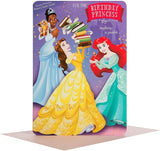 Hallmark Disney Princess birthday greeting card featuring colorful princess characters and a memory game design.