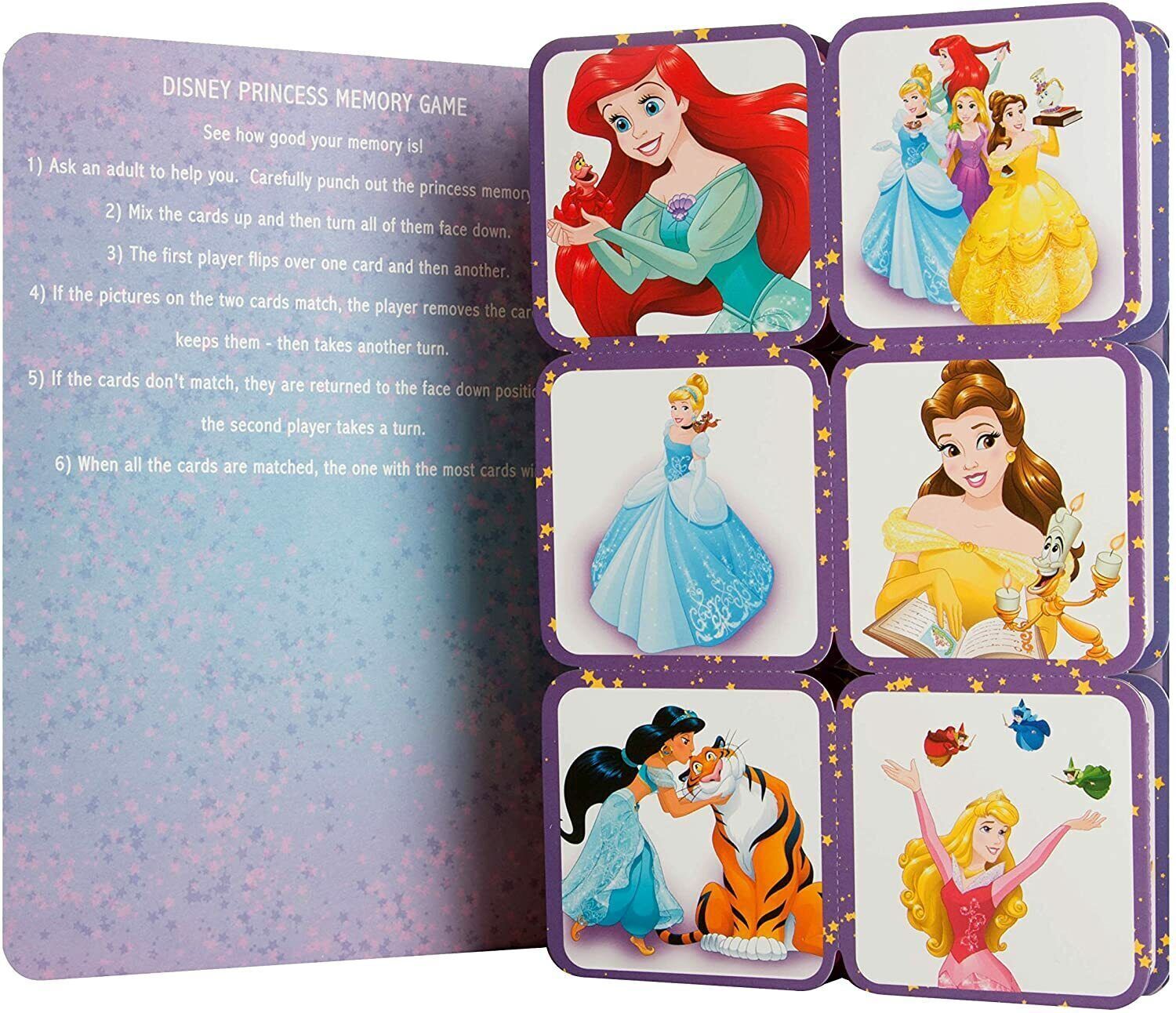 Hallmark Disney Princess birthday card memory game featuring colorful princess illustrations and game pieces on the front.