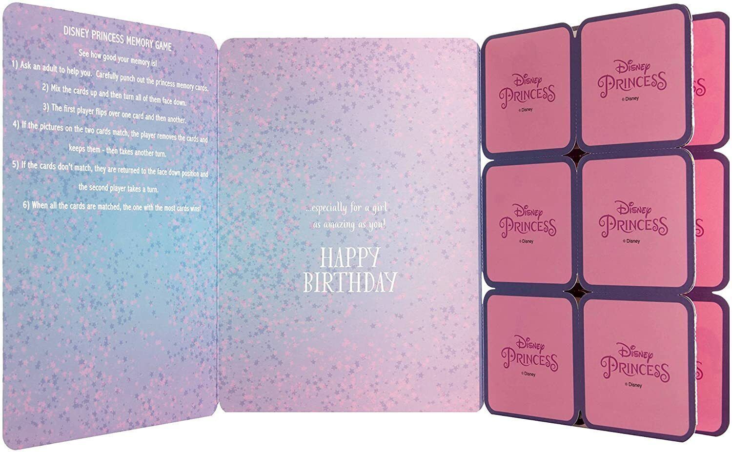 Hallmark Disney Princess birthday greeting card with memory game featuring colorful princess characters and decorative design.