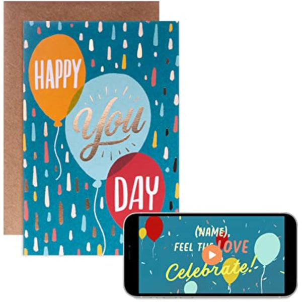 Hallmark Happy You Day Balloons Video Birthday Card featuring colorful balloons and playful design, perfect for celebrating birthdays.