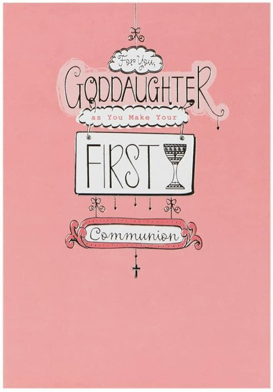 Hallmark first communion greeting card featuring a heartfelt design for a goddaughter, suitable for special religious occasions.