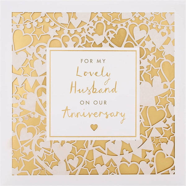 Gold laser-cut Hallmark greeting card for husband anniversary with intricate design and heartfelt message inside.