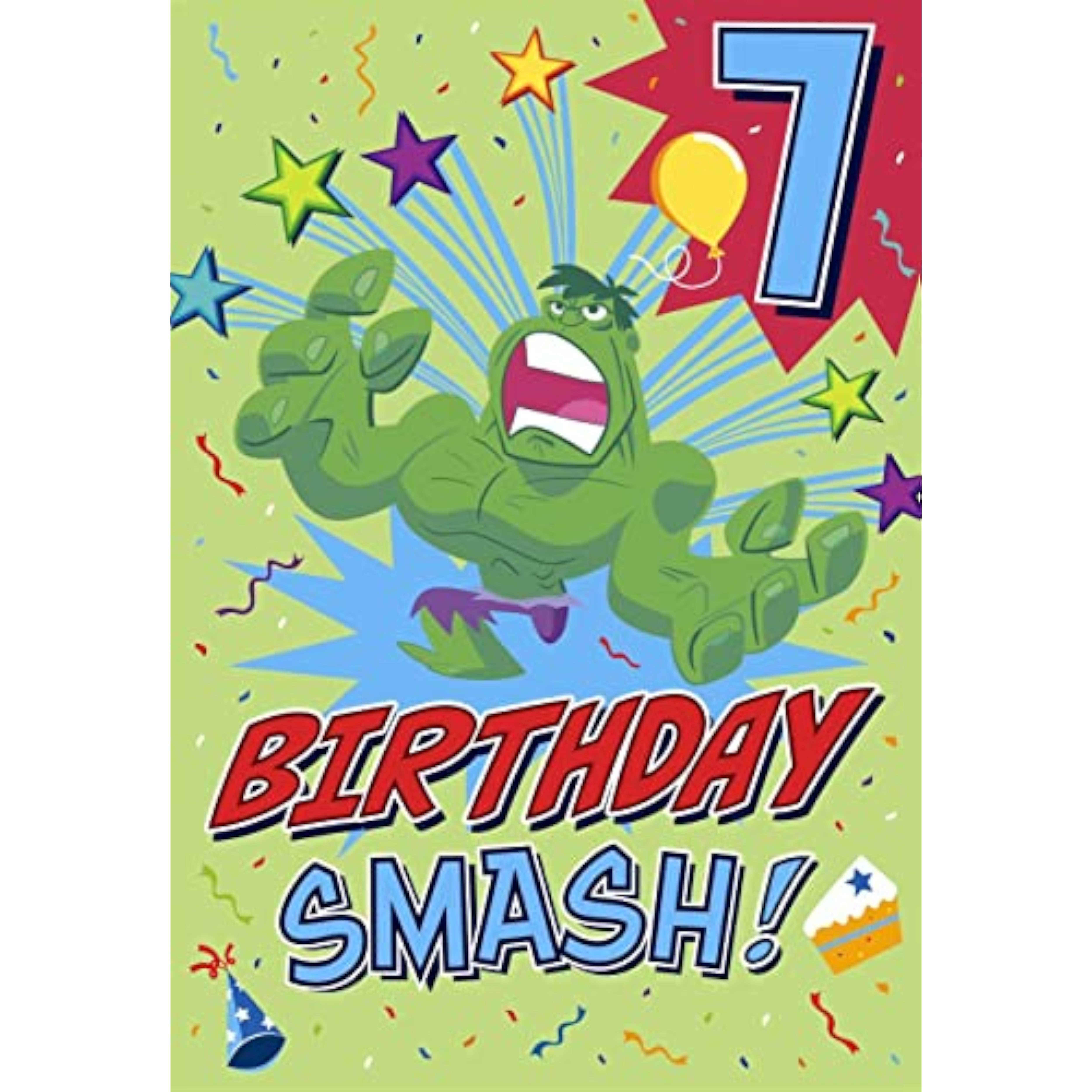 Hallmark Marvel Hulk birthday greeting card featuring a colorful comic-style design for a 7th birthday celebration