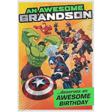 Hallmark Marvel Superheroes birthday greeting card featuring colorful comic-style illustrations for a grandson.