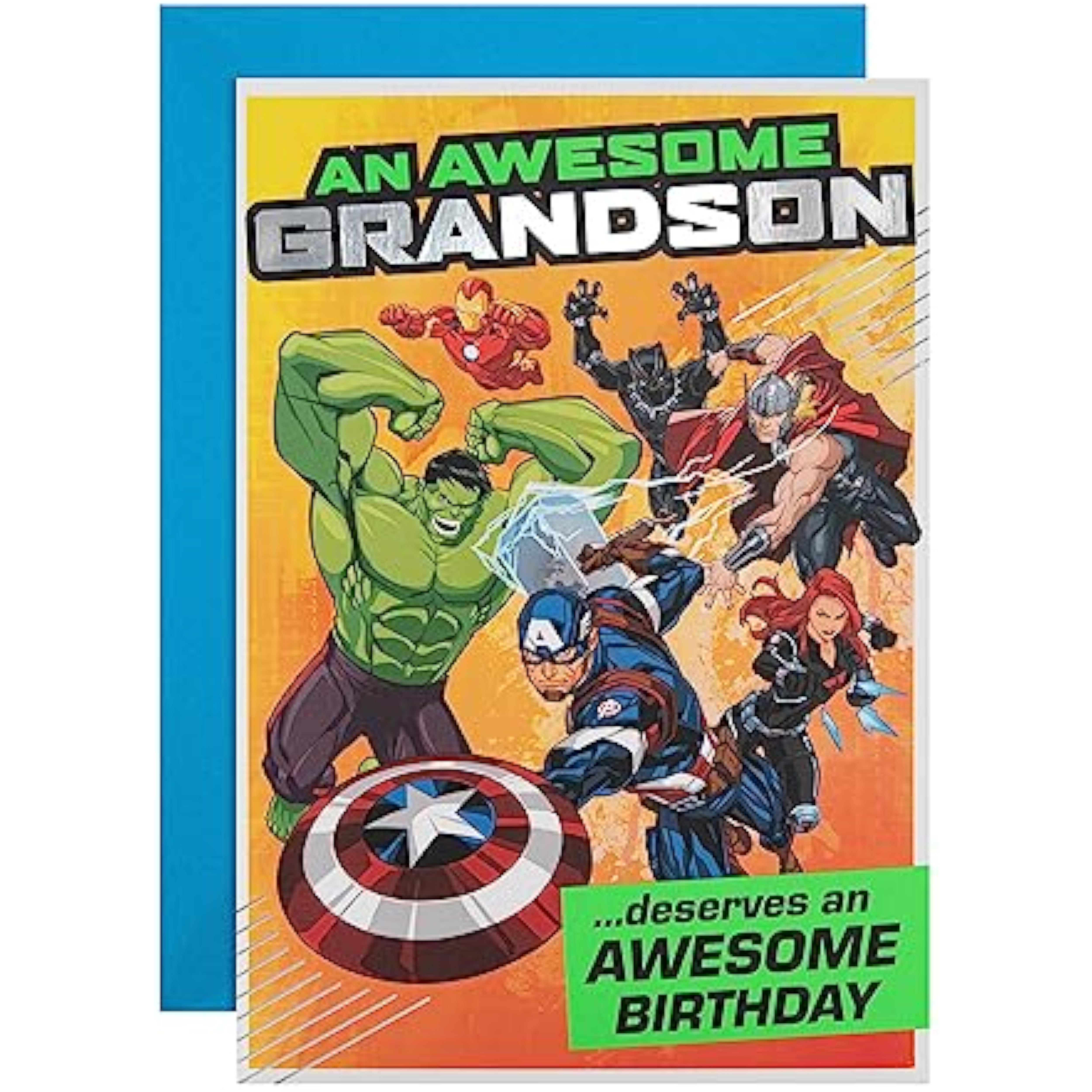 Hallmark Marvel Superheroes birthday greeting card featuring colorful superhero illustrations for a grandson's special day.