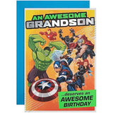 Hallmark Marvel Superheroes birthday greeting card featuring colorful superhero illustrations for a grandson's special day.
