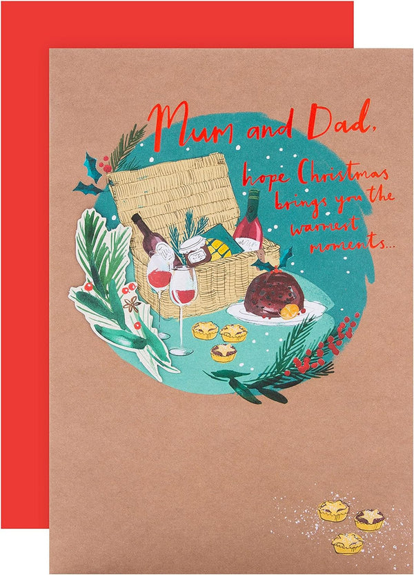 Hallmark Mum & Dad Christmas card featuring a 3D design with red foil accents, festive and decorative for holiday greetings