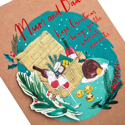 Hallmark Mum & Dad Christmas greeting card with 3D design and red foil accents, featuring festive holiday imagery.