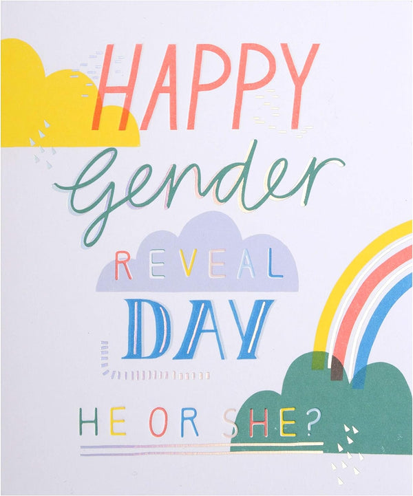 Rainbow gender reveal baby greeting card with "He or She?" message, featuring colorful design and playful illustrations.