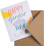 Colorful Rainbow Gender Reveal Baby Card from Hallmark featuring "He or She?" message for celebrating gender reveal moments.