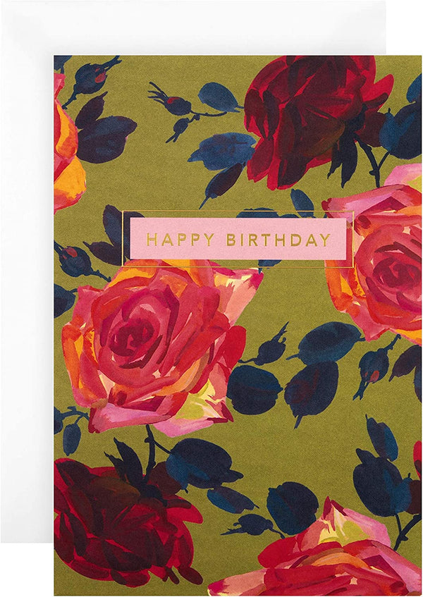 Red floral greeting card with gold foil "Happy Birthday" message, designed by Hallmark, featuring vibrant floral accents.