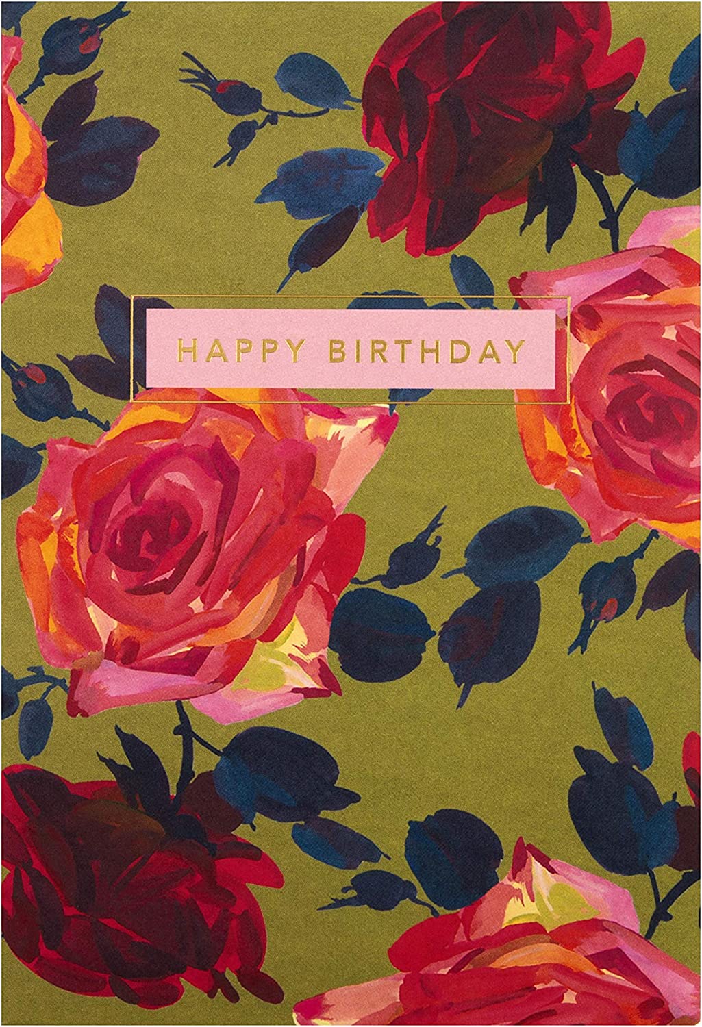 Red floral greeting card with gold foil accents, featuring a happy birthday message, by Hallmark.