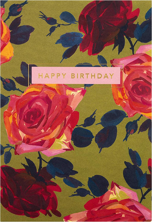 Red floral greeting card with gold foil accents, featuring a happy birthday message, by Hallmark.
