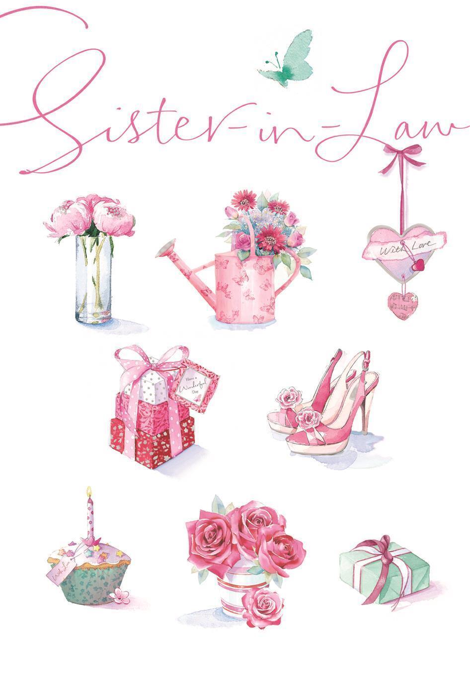 Hallmark sister-in-law birthday greeting card featuring cheerful floral design and heartfelt message for celebrating a great company.