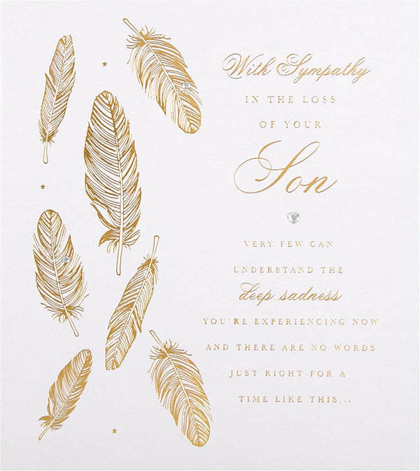 Hallmark Son Loss Sympathy Feathers greeting card with heartfelt message and calming feather design.