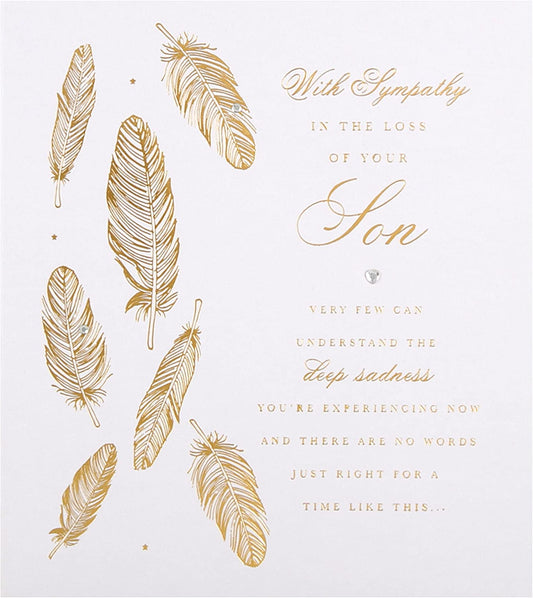 Hallmark Son Loss Sympathy Feathers greeting card with heartfelt message and calming feather design.