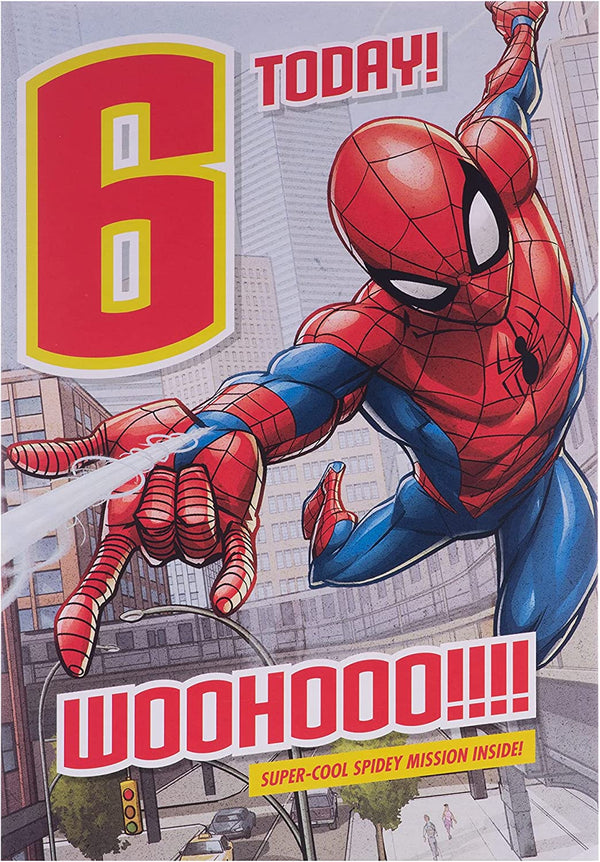 Hallmark Spider-Man 6th birthday greeting card featuring web-slinging Spider-Man in a colorful, fun design for kids' celebrations.