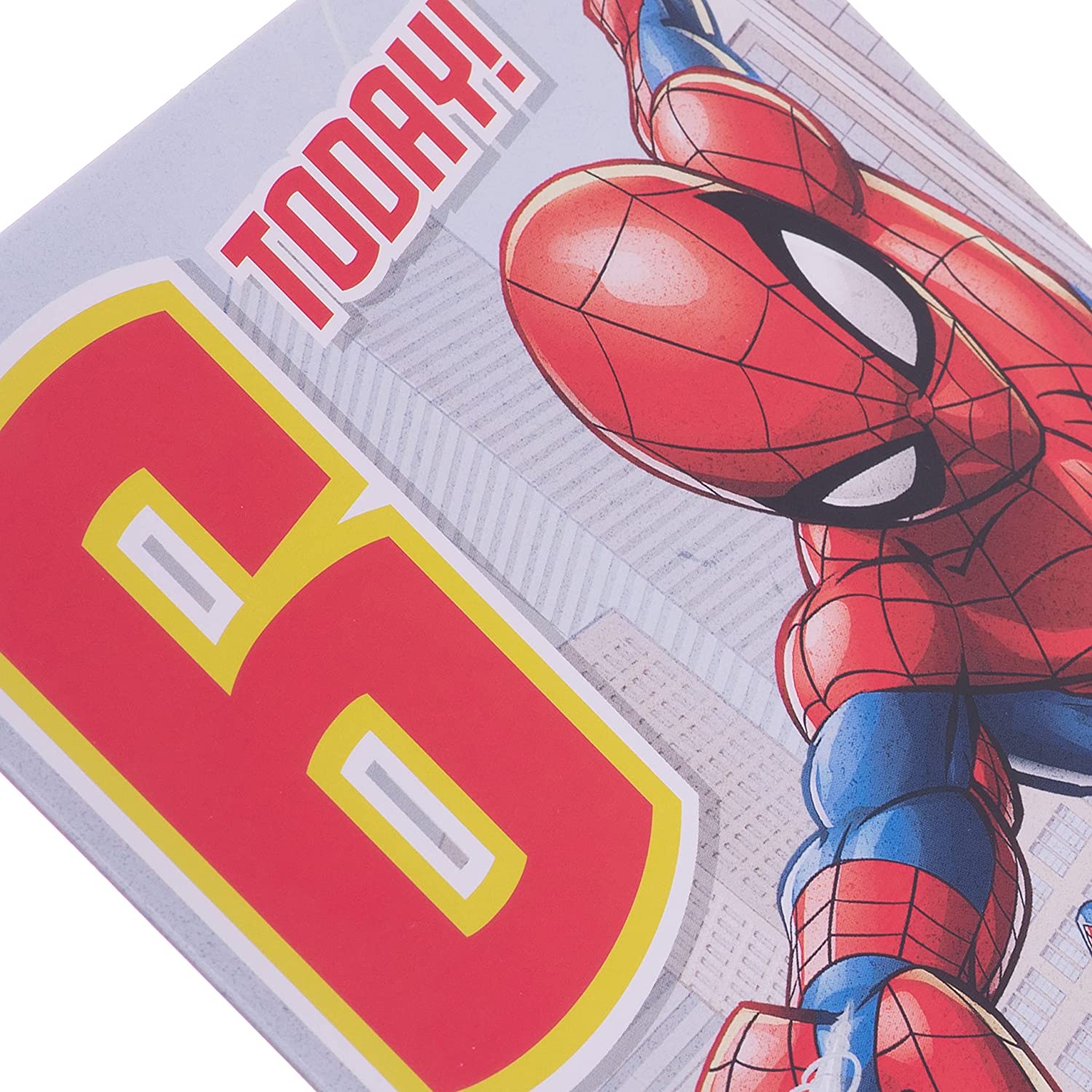 Hallmark Spider-Man 6th birthday greeting card featuring web-slinging Spider-Man illustration on a colorful card.