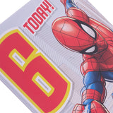 Hallmark Spider-Man 6th birthday greeting card featuring web-slinging Spider-Man illustration on a colorful card.