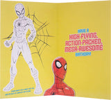 Hallmark Spider-Man 6th birthday greeting card featuring Spider-Man web-slinging action and colorful comic-style design.