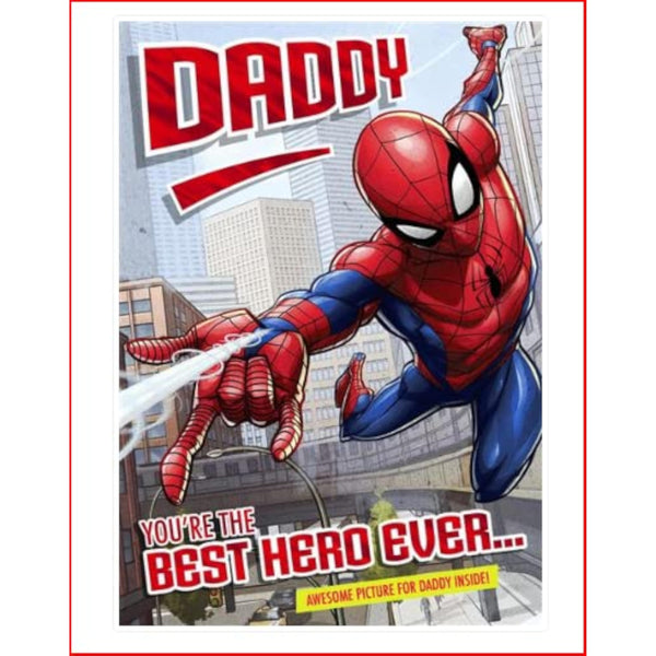 Hallmark Spider-Man Daddy birthday greeting card featuring heroic love design with Spider-Man illustration and celebratory message.