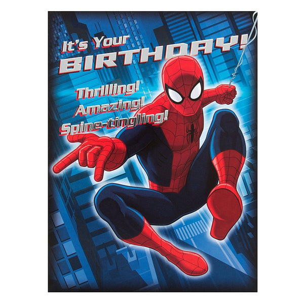 Hallmark Spiderman 'Zip Zoom Wow' extra large birthday greeting card with colorful Spiderman design and comic book style artwork.