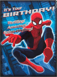 Hallmark Spiderman Zip Zoom Wow extra large birthday greeting card featuring Spider-Man in a dynamic pose with vibrant colors.