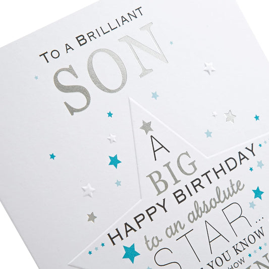 Star Son Silver Foil Birthday Card by Hallmark featuring a festive design with silver foil accents and cheerful birthday imagery.