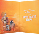 Star Wars Galaxy Adventure birthday greeting card with space-themed design and Star Wars characters from Hallmark.