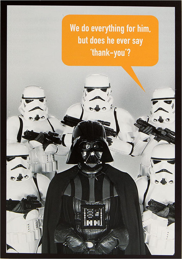 Hallmark Star Wars greeting card featuring Darth Vader with the caption "Does He Ever Say Thank You?" on a white background.