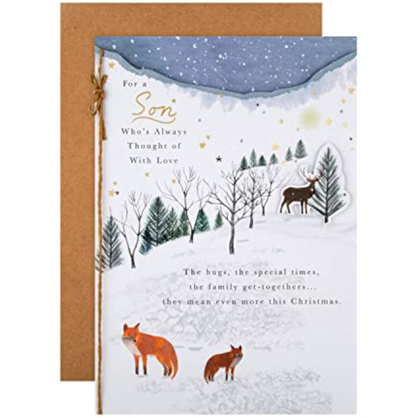 Hallmark traditional winter scene Christmas greeting card for son, featuring festive holiday imagery and warm seasonal design.