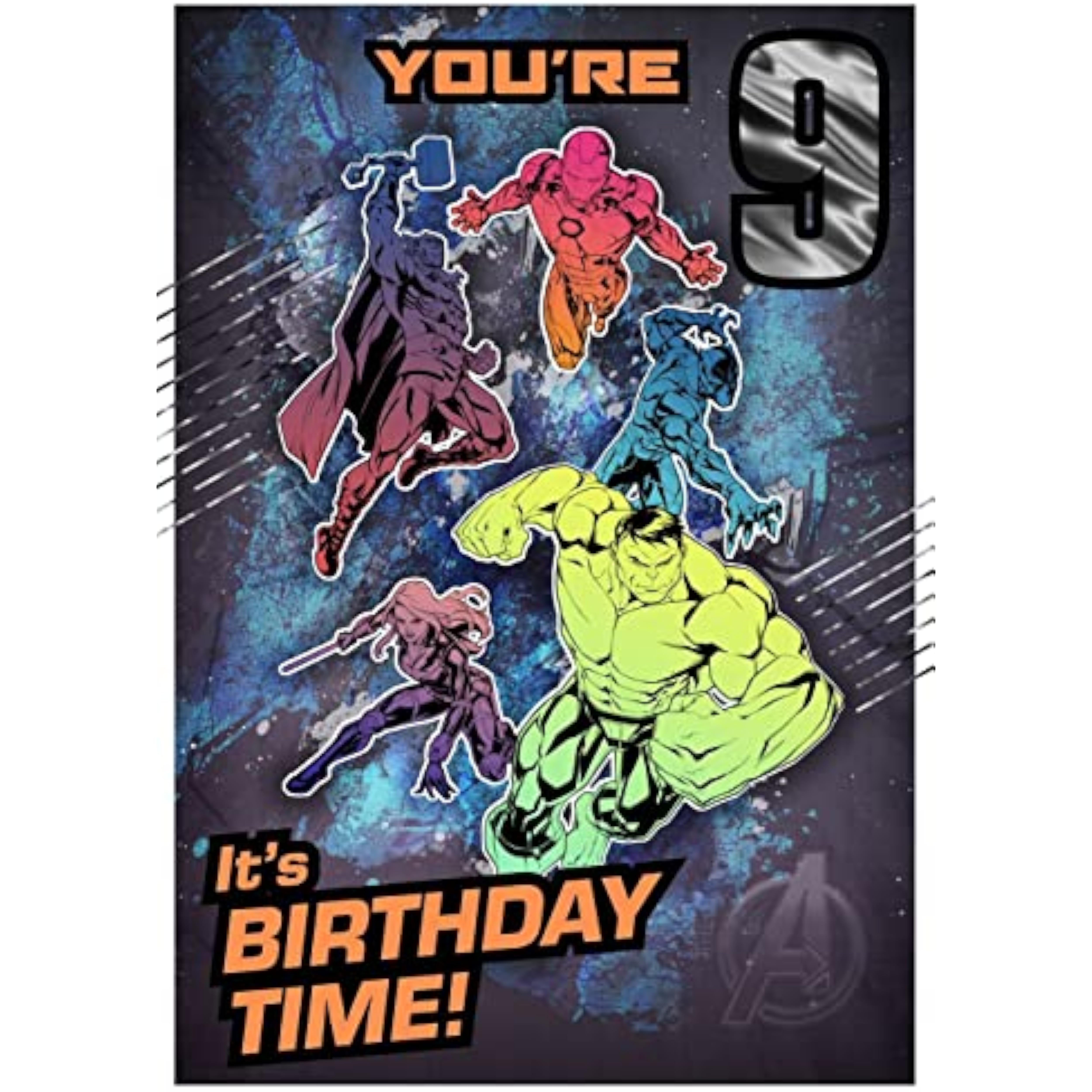 Vibrant Avengers 9th birthday greeting card by Hallmark featuring colorful superhero illustrations and space for wishes.