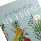 Vintage botanical gold greeting card with floral design and "Friend" message, perfect for birthday celebrations.