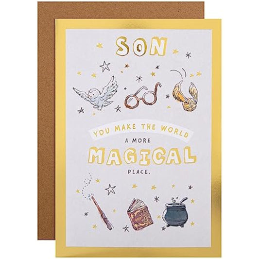 Hallmark Harry Potter birthday greeting card featuring Harry Potter character, designed for a son's special birthday celebration.