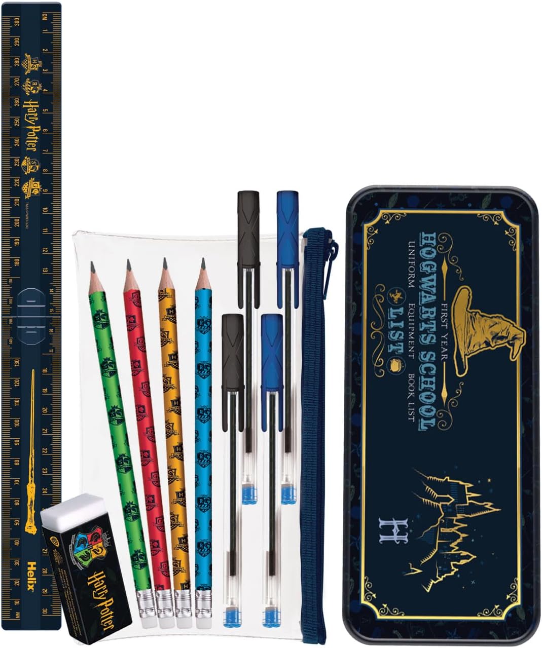 Harry Potter stationery set with notebooks, pens, and accessories from Helix, featuring magical-themed designs and illustrations.