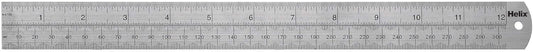 Helix 12-inch steel metal ruler with dead length design, featuring clear measurement markings on a smooth metal surface.