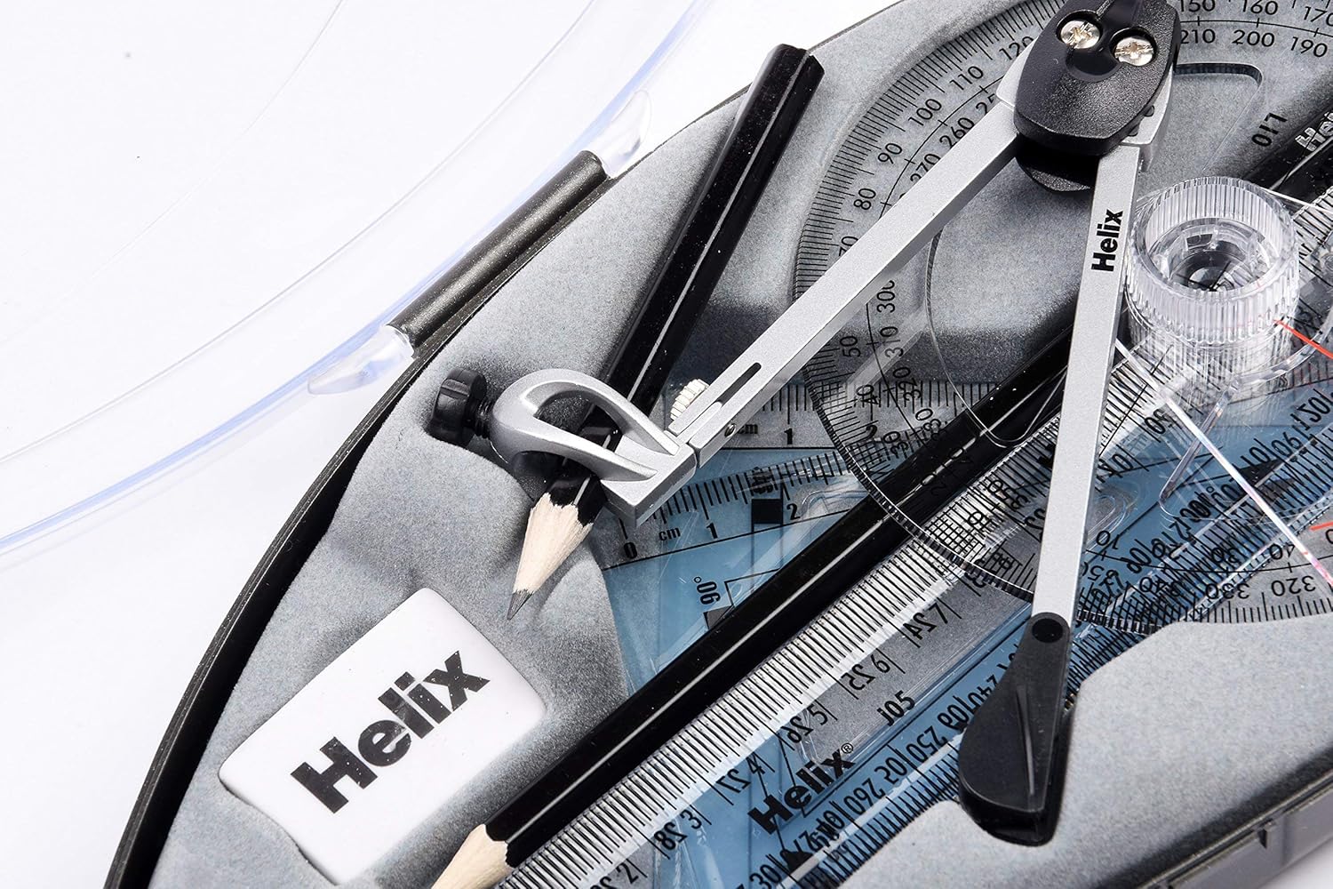 Helix Compact Essential Oracle Maths Set with 9 pieces, including calculators, rulers, and math tools for educational use.