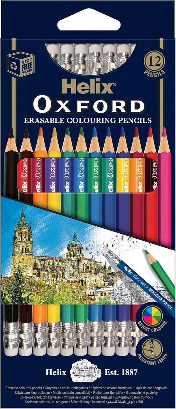 Helix erasable coloring pencils pack of 12 in bright colors, featuring vibrant wood-cased design for creative drawing and coloring.