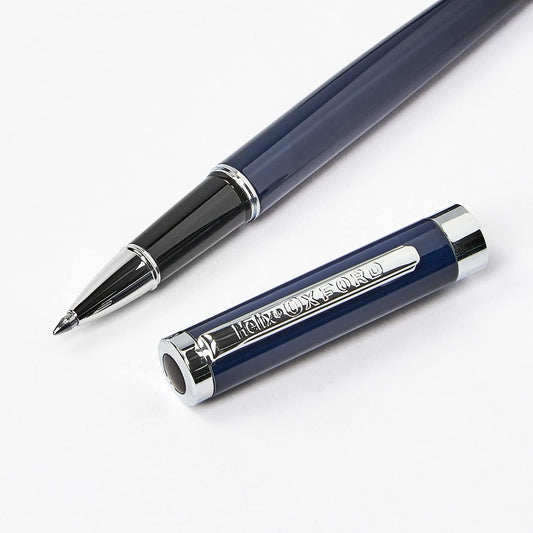 Helix Oxford Premium rollerball pen with blue ink and plastic-free packaging, featuring a sleek design and comfortable grip.