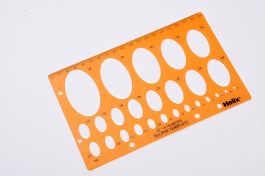 Helix Metric Ellipse Template showing various ellipse shapes and measurement guides on transparent plastic.