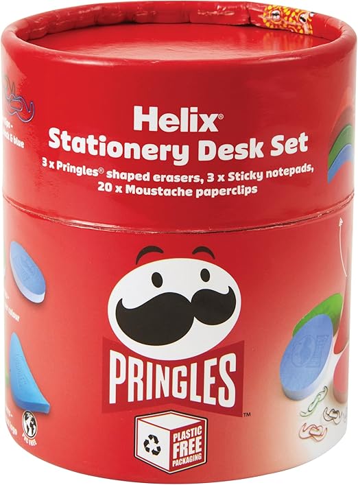 Helix Pringles desk set featuring a Pringles can-shaped pen holder with pens and a matching notepad on a desk.