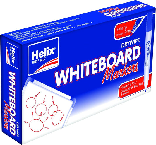 Set of four Helix whiteboard bullet tip marker pens in assorted colors, perfect for writing and drawing on whiteboards.