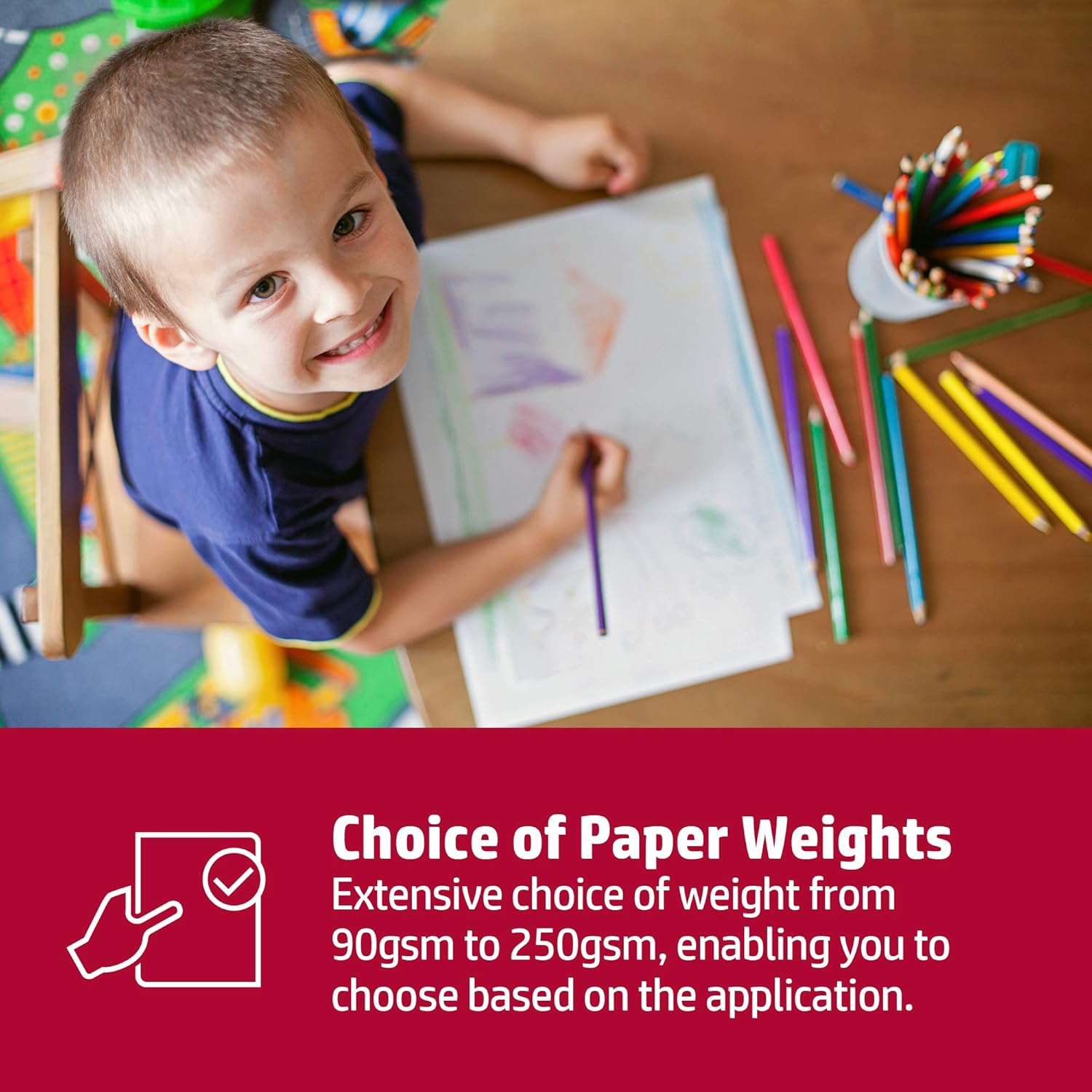 HP Colour Choice A3 160gsm paper with 250 sheets, showing vibrant, high-quality color printing on thick paper stock.