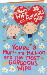 Mother's Day Card for Wife With Envelope - Fun Cartoon Design, Blue