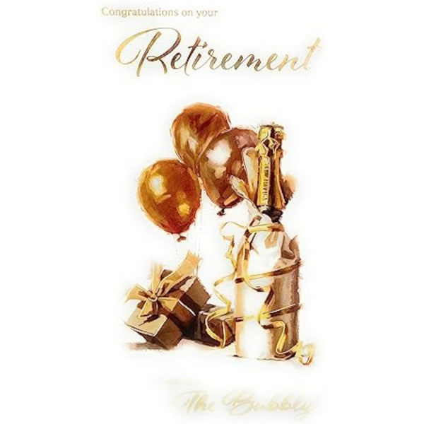 Cheers Retirement Bubbly Gold greeting card by ICG featuring festive design for celebrating retirement milestones.