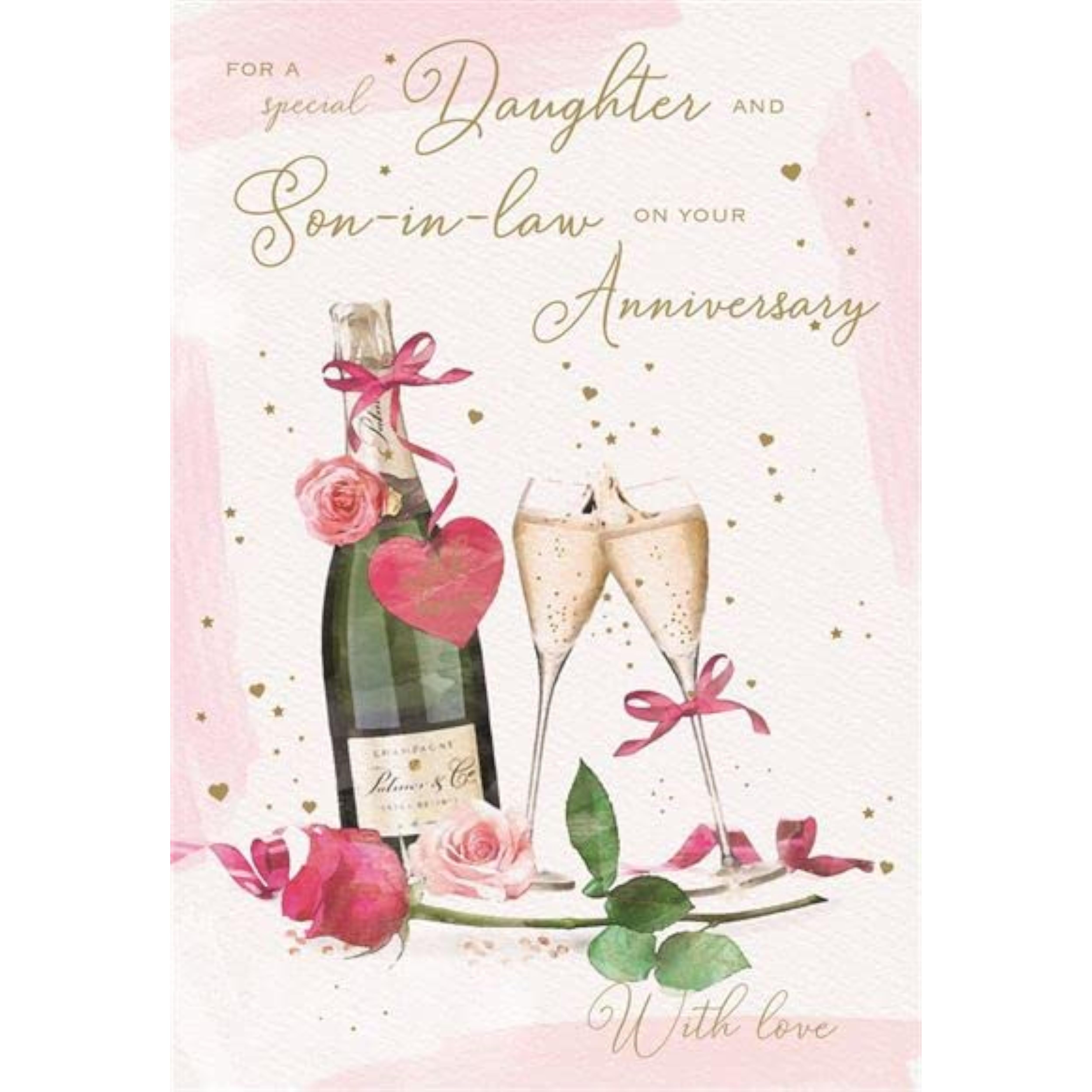 ICG greeting card featuring a champagne bottle and toasting glasses with foil details, celebrating daughter and son-in-law's anniversary.