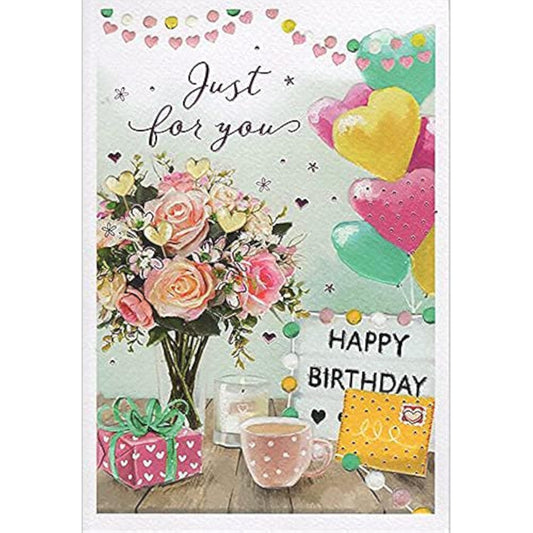 Female Just For You Happy Birthday greeting card featuring a vase of flowers, balloons, and presents by ICG.