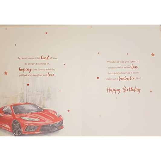 Red sports car birthday greeting card featuring a sleek race car design, perfect for a son's birthday celebration.