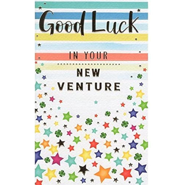 ICG Venturing Success greeting card with large silver "Good Luck" text, 7.75 x 4.75 inches, celebrating new ventures.