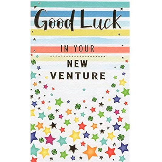 ICG Venturing Success greeting card with large silver "Good Luck" text, 7.75 x 4.75 inches, celebrating new ventures.